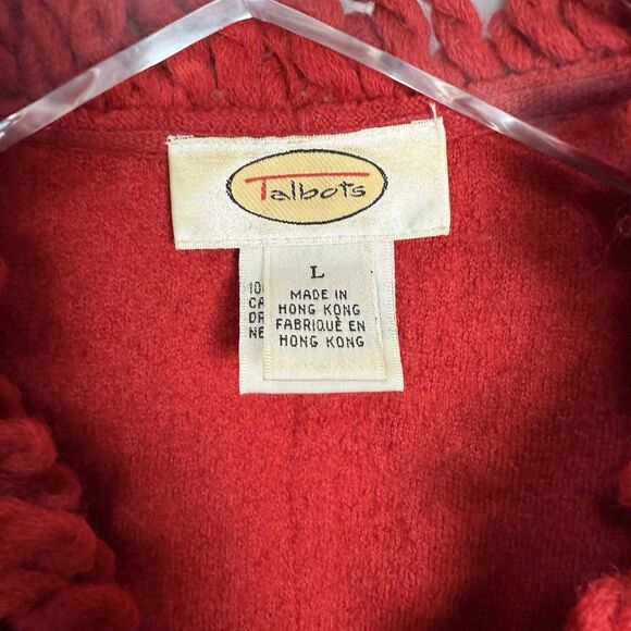 Vintage Talbots Red Boiled Fringe 100% Wool Cardigan Sweater Jacket Sz Large - Picture 5 of 8